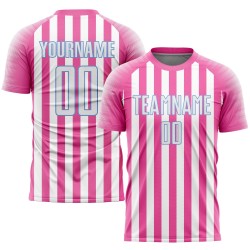 Maillot de football personnalisé à sublimation rose, blanc et bleu clair