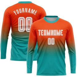Maillot de football personnalisé à manches longues, imprimé par sublimation, orange, blanc et turquoise